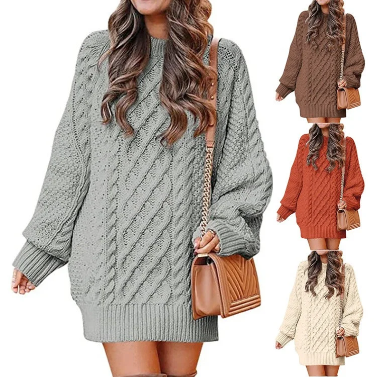 Women's Round Neck Long Sleeve Twisted Knitted Mid-length Dress Sweater Oversized Loose Flowy Women's Round Neck Long Sleeve Twisted Knitted Mid-length Dress Sweater Oversized Loose Flowy
