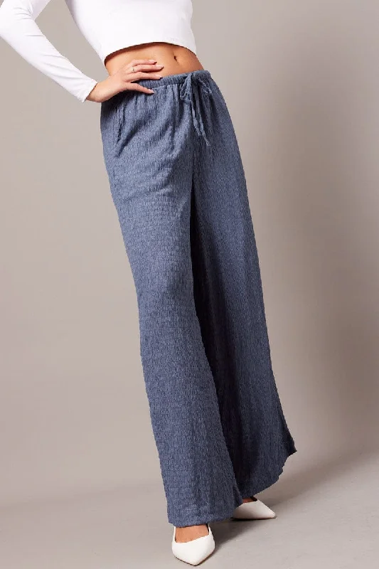 Blue Wide Leg Pants High Rise Textured Fabric Relaxed High-Waist Trousers
