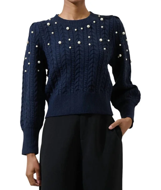 Pearl Top Sweater In Navy Spandex Blend Rayon Blend Denim Blend