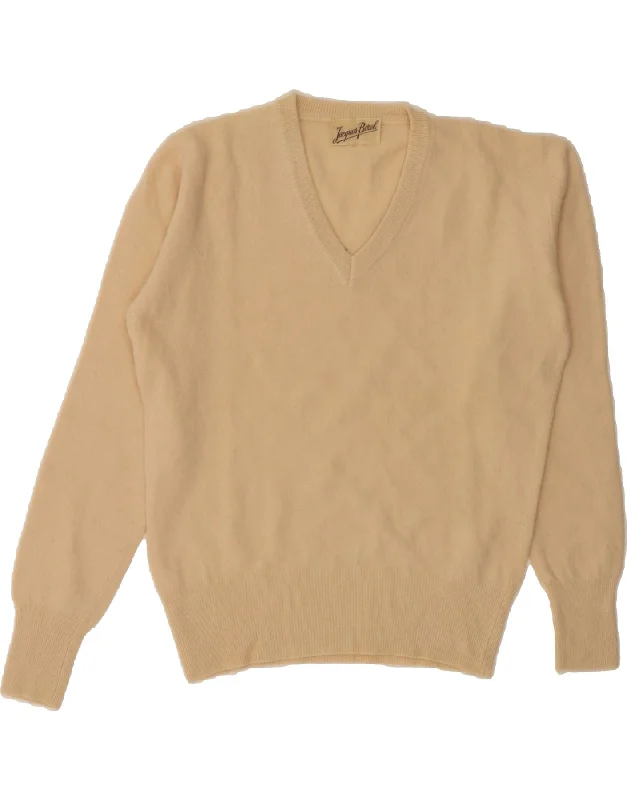 VINTAGE Womens V-Neck Jumper Sweater UK 14 Medium Beige Wool Graphic Sweater Embroidered Appliqued VINTAGE Womens V-Neck Jumper Sweater UK 14 Medium Beige Wool Graphic Sweater Embroidered Appliqued
