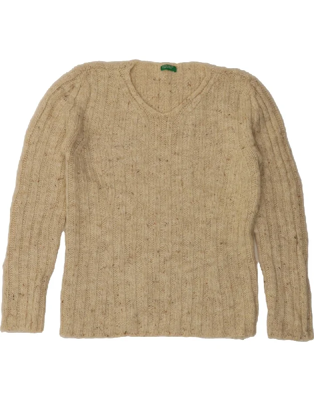 BENETTON Womens V-Neck Jumper Sweater UK 14 Large Off White Flecked Mesh Sweater Canvas Denim BENETTON Womens V-Neck Jumper Sweater UK 14 Large Off White Flecked Mesh Sweater Canvas Denim