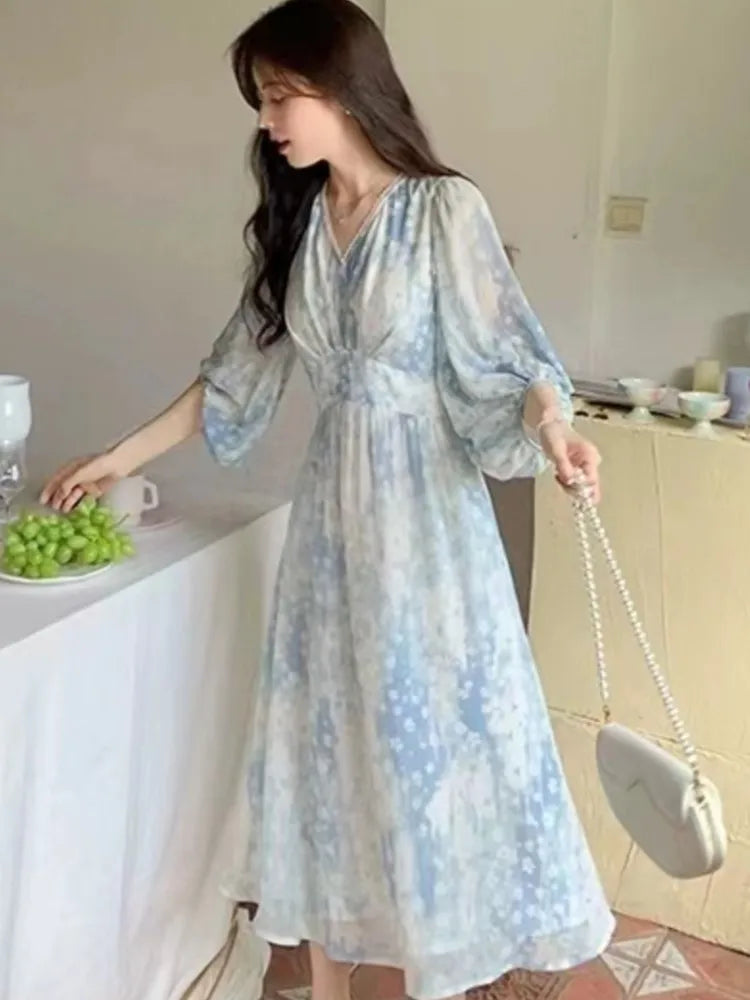 Wjczt Summer Women's Runway Dresses V Neck Half Sleeves Printed Sweet Fashion A-line Blue Vestidos Clothes For Women Beach Vacation Tunics Party sparkling Wjczt Summer Women's Runway Dresses V Neck Half Sleeves Printed Sweet Fashion A-line Blue Vestidos Clothes For Women Beach Vacation Tunics Party sparkling