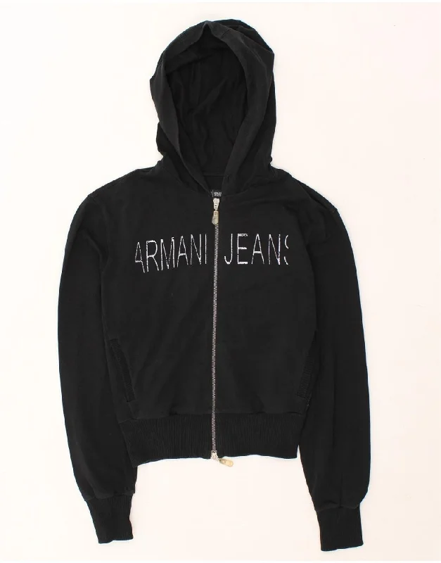 ARMANI JEANS Womens Crop Graphic Zip Hoodie Sweater IT 46 Large Black Toggled Drawstring Belted ARMANI JEANS Womens Crop Graphic Zip Hoodie Sweater IT 46 Large Black Toggled Drawstring Belted