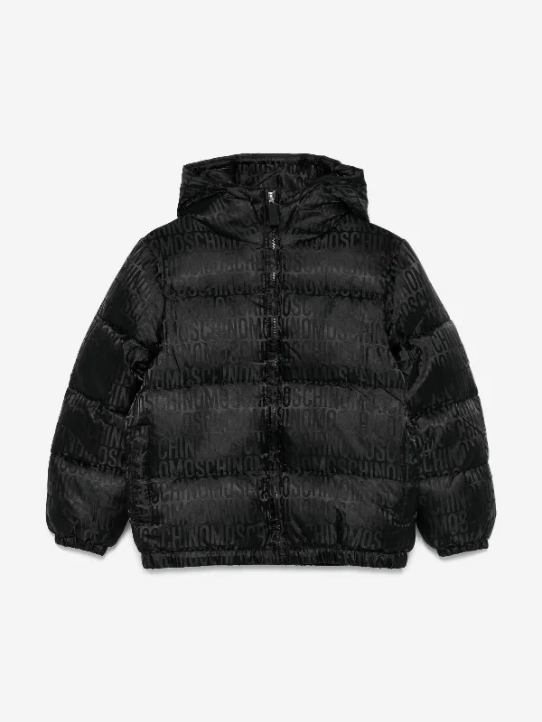 Moschino Kids All Over Logo Puffer Jacket in Black Front Pockets Side Pockets Patch Pockets Moschino Kids All Over Logo Puffer Jacket in Black Front Pockets Side Pockets Patch Pockets