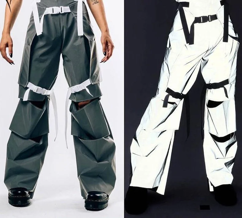 Reflective Multiple Buckle Rip Wide Leg Pants Classic Flared Pants