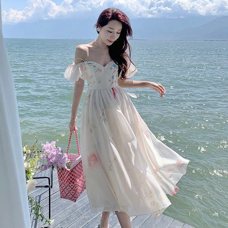 Wjczt cybergoth dress to impress Pink Strap Floral Dress Women's Summer French Elegant Fairy Princess Dress off-Shoulder Puff Sleeve Long Dress Tunics Chic elegant Wjczt cybergoth dress to impress Pink Strap Floral Dress Women's Summer French Elegant Fairy Princess Dress off-Shoulder Puff Sleeve Long Dress Tunics Chic elegant