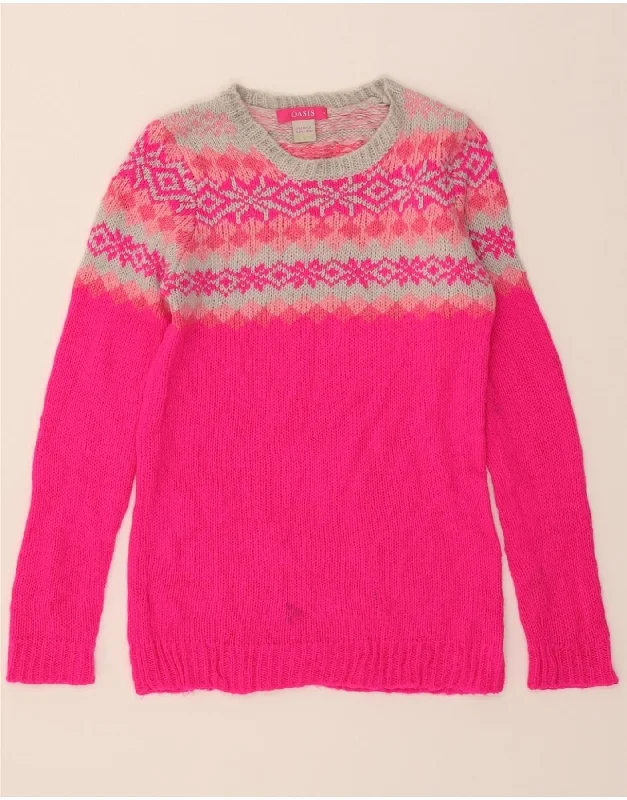 OASIS Womens Boat Neck Jumper Sweater UK 10 Small Pink Fair Isle Chenille Brocade Lace OASIS Womens Boat Neck Jumper Sweater UK 10 Small Pink Fair Isle Chenille Brocade Lace