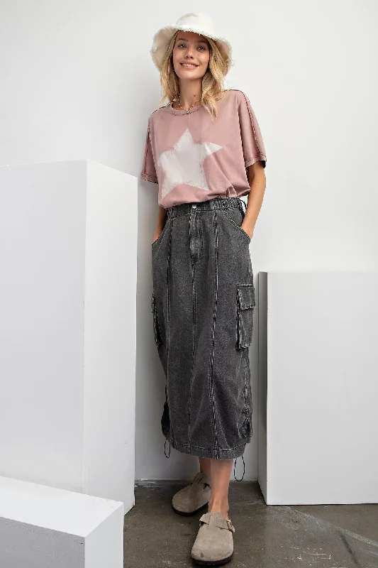 ACID WASHED DENIM CARGO SKIRT (Black) velvet skirt glossy