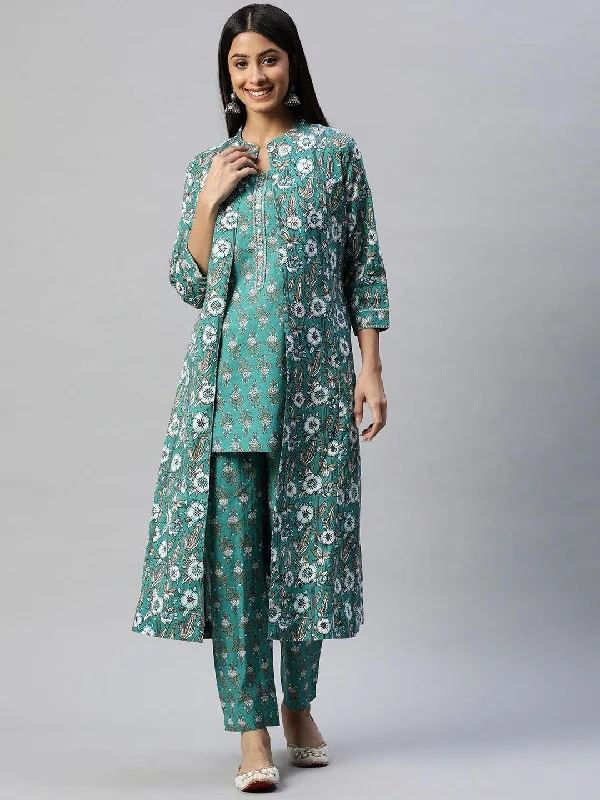 Divena Green Cotton Floral Printed Three Piece Indowestern Kurta Pant Set with Jacket Hoodie Zip-Up Jacket Button-Up Jacket Divena Green Cotton Floral Printed Three Piece Indowestern Kurta Pant Set with Jacket Hoodie Zip-Up Jacket Button-Up Jacket