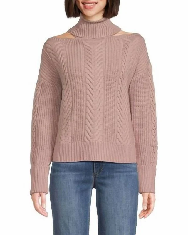 Lorilee Cold Shoulder Turtleneck Wool Sweater In Wild Rose Elasticated Padded Insulated Lorilee Cold Shoulder Turtleneck Wool Sweater In Wild Rose Elasticated Padded Insulated