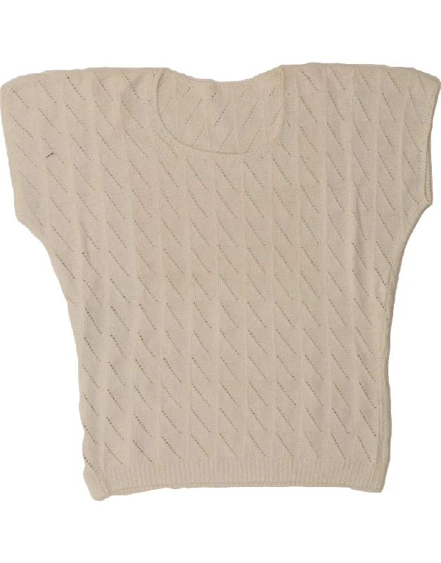 VINTAGE Womens Short Sleeve Crew Neck Jumper Sweater UK 14 Large White Silk Blend Satin Velvet VINTAGE Womens Short Sleeve Crew Neck Jumper Sweater UK 14 Large White Silk Blend Satin Velvet