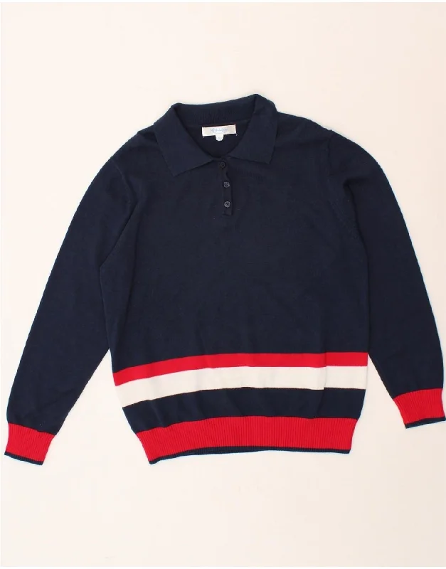 VINTAGE Womens Polo Neck Jumper Sweater UK 14 Large Navy Blue Striped Lightweight Heavyweight Midweight VINTAGE Womens Polo Neck Jumper Sweater UK 14 Large Navy Blue Striped Lightweight Heavyweight Midweight