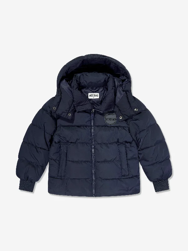Moschino Kids Logo Puffer Jacket in Navy Hooded Jacket Caped Jacket Shawl Collar Jacket Moschino Kids Logo Puffer Jacket in Navy Hooded Jacket Caped Jacket Shawl Collar Jacket