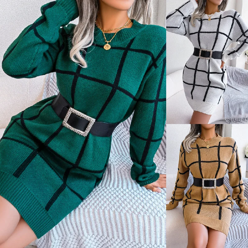 Casual Contrast Color Plaid Long Sleeve Base Sweater Dress Solid Print Embellished