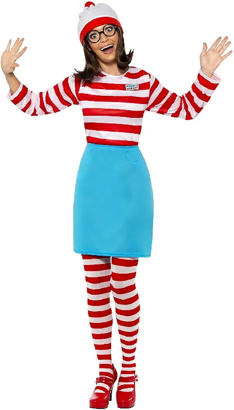 Smiffys Women's Where's Wally? Wenda Costume, Top, Skirt, Glasses, Tights & Hat, Size: M, Colour: Red and White, 39504 button skirt front Smiffys Women's Where's Wally? Wenda Costume, Top, Skirt, Glasses, Tights & Hat, Size: M, Colour: Red and White, 39504 button skirt front