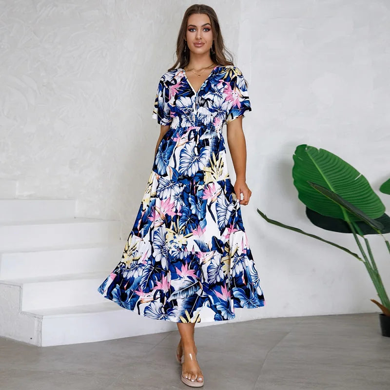 Wjczt Women Autumn Outfits Short Sleeve Sexy V-Neck Slim Bohemian Print Dress Popular Printed Summer Dress Women Tunics Office stylish Wjczt Women Autumn Outfits Short Sleeve Sexy V-Neck Slim Bohemian Print Dress Popular Printed Summer Dress Women Tunics Office stylish