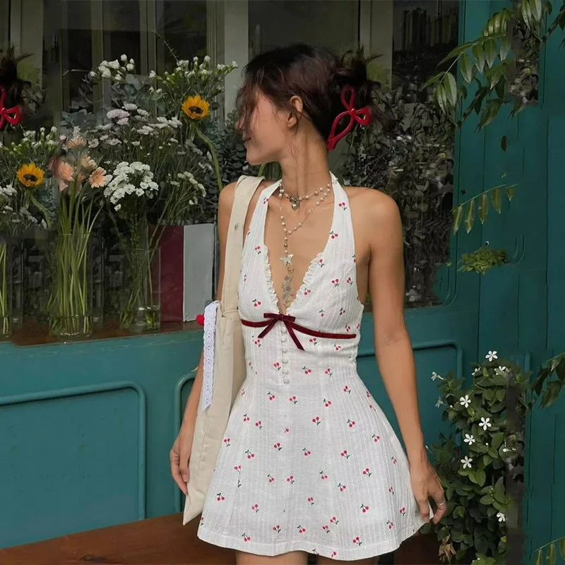 Wjczt summer outfits inspo INS Style 2024 Summer New Sweet and Spicy Deep V Breasted Backless Cherry Print Waist-Tight Halter Dress Women Tunics Fashionable trendy Wjczt summer outfits inspo INS Style 2024 Summer New Sweet and Spicy Deep V Breasted Backless Cherry Print Waist-Tight Halter Dress Women Tunics Fashionable trendy