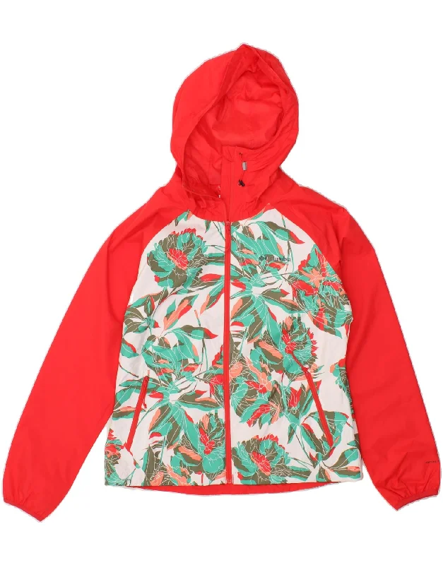 COLUMBIA Womens Hooded Rain Jacket UK 12 Medium Red Floral Polyester Toggled Jacket Drawstring Jacket Belted Jacket COLUMBIA Womens Hooded Rain Jacket UK 12 Medium Red Floral Polyester Toggled Jacket Drawstring Jacket Belted Jacket