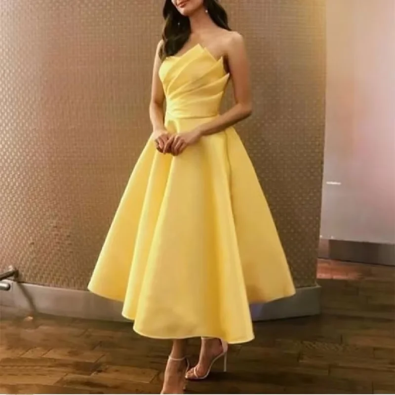 Yellow Short Strapless Prom Dresses Vestidos De Festa A-Line Tea Length Pleated Satin Formal Evening Party Gowns Yellow Short Strapless Prom Dresses Vestidos De Festa A-Line Tea Length Pleated Satin Formal Evening Party Gowns