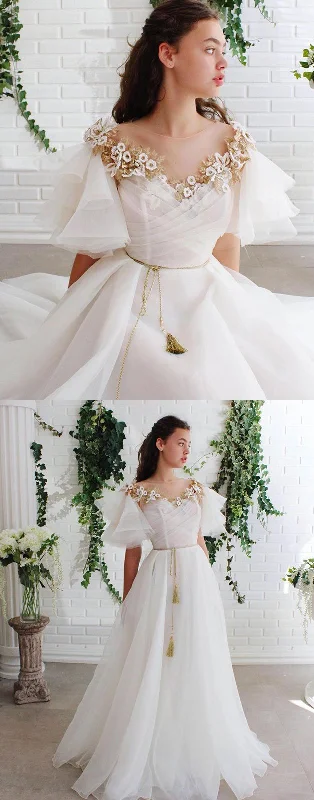White round neck lace tulle long prom dress white lace evening dress   cg10417