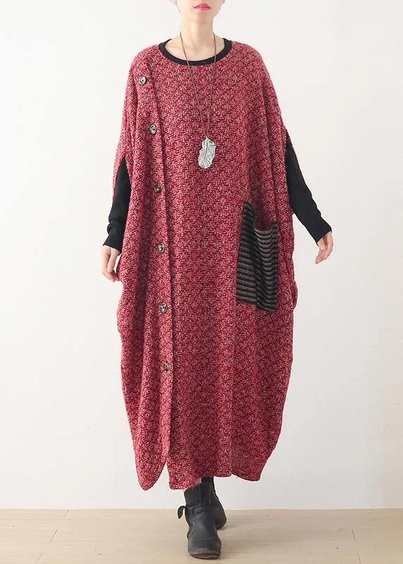 Fine casual long winter dress red o neck asymmetric woolen dress