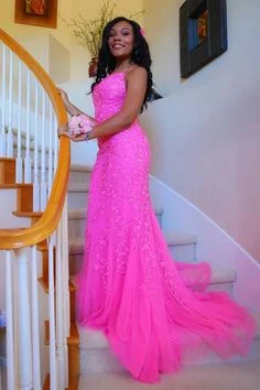 black girls hot pink mermaid lace appliques long prom dress formal dress   cg10927