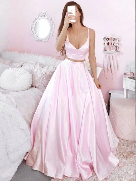 V Neck Two Pieces Pink Satin Long Prom Dresses, 2 Pieces Pink Formal Dresses cg10799 V Neck Two Pieces Pink Satin Long Prom Dresses, 2 Pieces Pink Formal Dresses cg10799