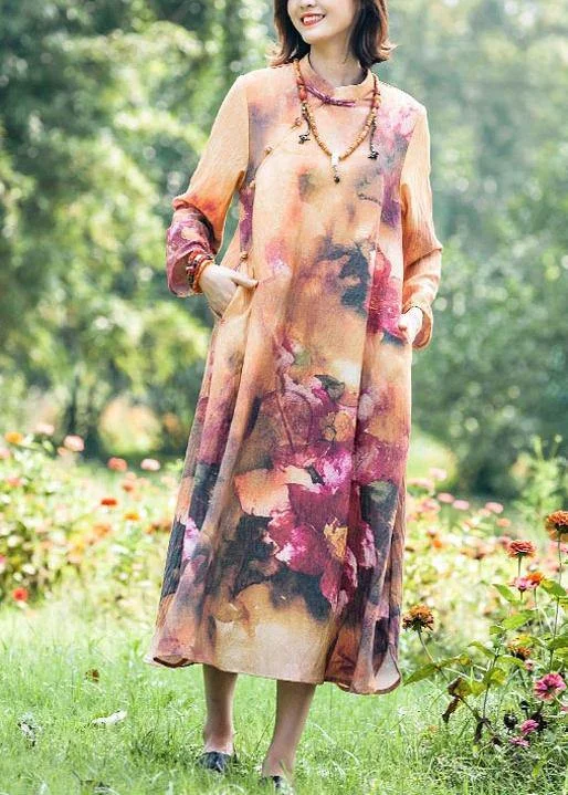 Italian Stand Collar Spring Tunic Dress Neckline Retro Printing Long Dress