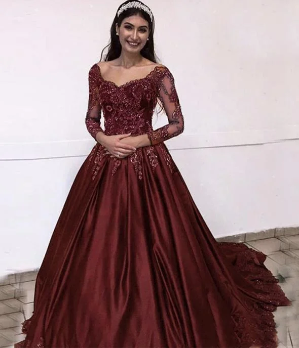 Burgundy lace long sleeve prom dress formal dress   cg11146