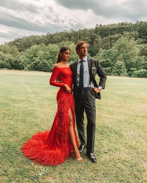 Off the shoulder long prom dress, red prom dress   cg11122