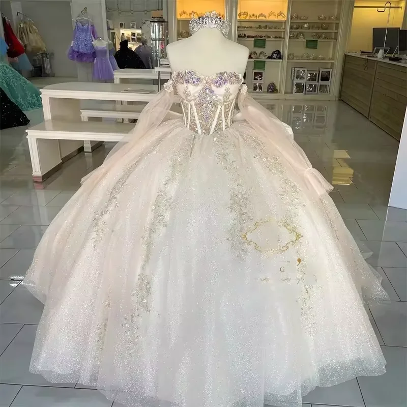 Glittering Crystal Quinceanera Dresses Long Off Shoulder Sleeves Princess Dress Party Gowns Vestidos De 15 Anos Glittering Crystal Quinceanera Dresses Long Off Shoulder Sleeves Princess Dress Party Gowns Vestidos De 15 Anos