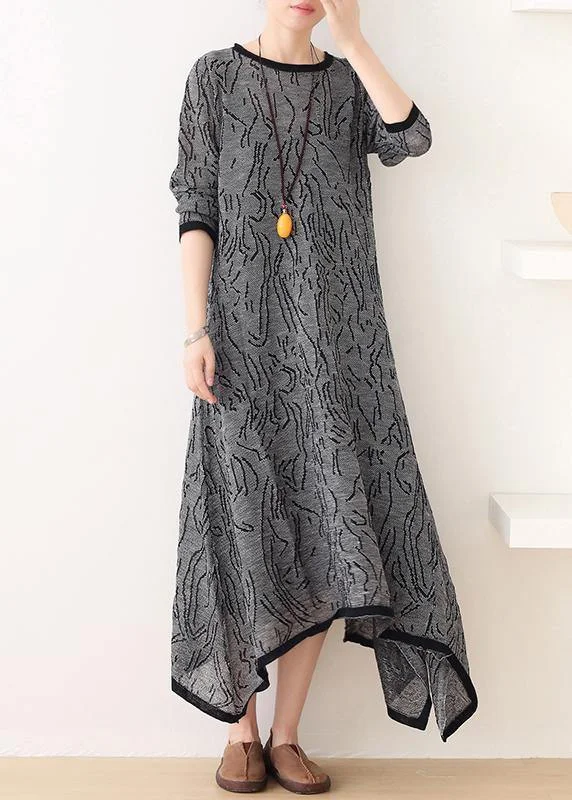 French gray striped quilting clothes o neck asymmetric Plus Size Clothing Dress