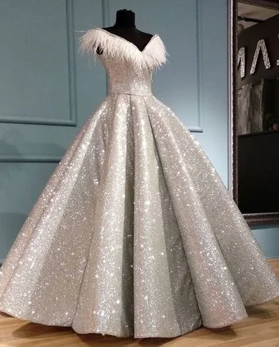 Sliver Glitter Sequins Ball Gown Prom Dress Feathers Sexy Deep V Neck Formal Evening dress cg11131 Sliver Glitter Sequins Ball Gown Prom Dress Feathers Sexy Deep V Neck Formal Evening dress cg11131