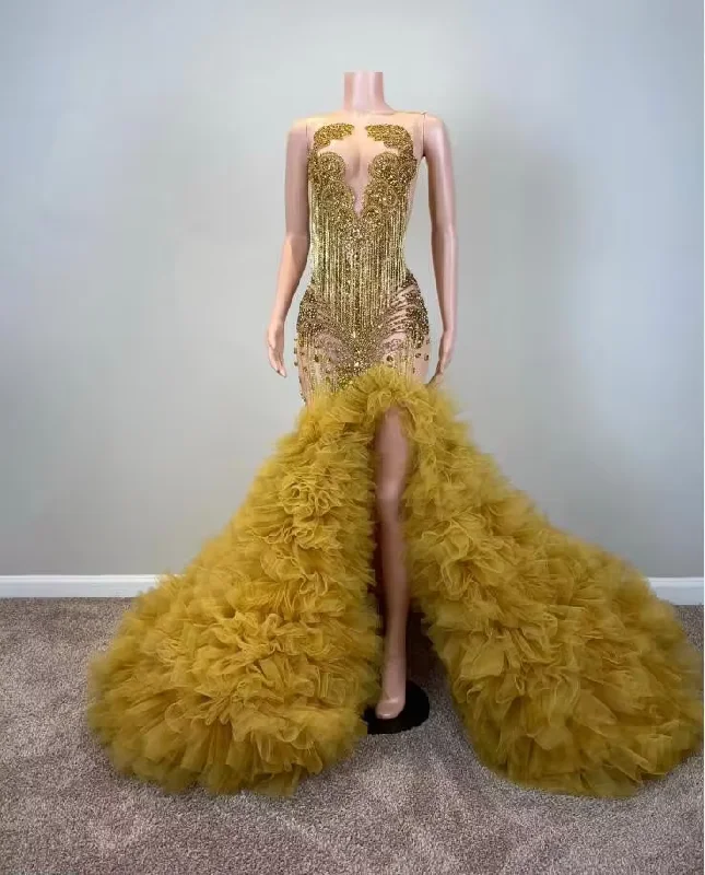 Gold Sparkly Long Mermaid Evening Reception Ceremony Dresses for Black Girl Luxury Diamond Tassel Ruffles Prom Gala Gown 2024 Gold Sparkly Long Mermaid Evening Reception Ceremony Dresses for Black Girl Luxury Diamond Tassel Ruffles Prom Gala Gown 2024