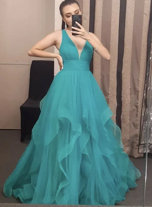 A line v neck tulle long prom dress evening dress  cg10641