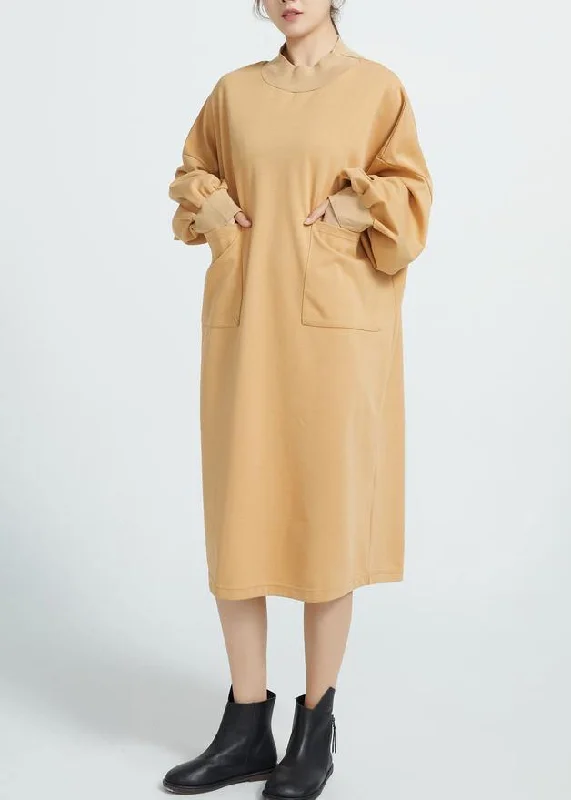 Women O Neck Cotton Spring Dresses Sleeve Camel Color Dresses