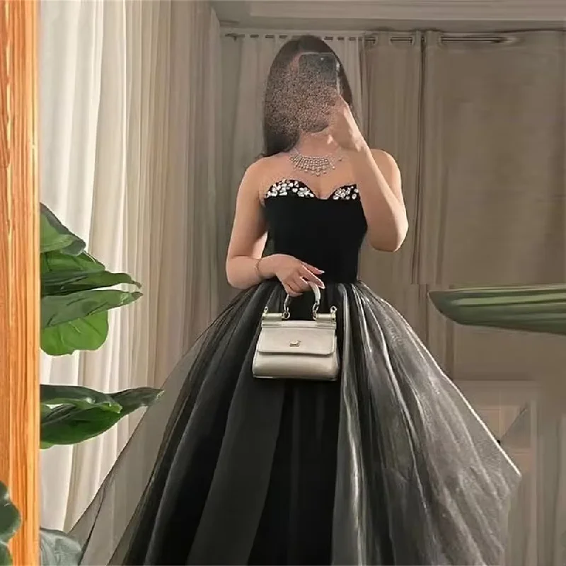 Black Evening Dresses Tulle Vintage Sequined Strapless Formal Occasion Dresses Abendkleider Dubai Vestidos De Noche Black Evening Dresses Tulle Vintage Sequined Strapless Formal Occasion Dresses Abendkleider Dubai Vestidos De Noche