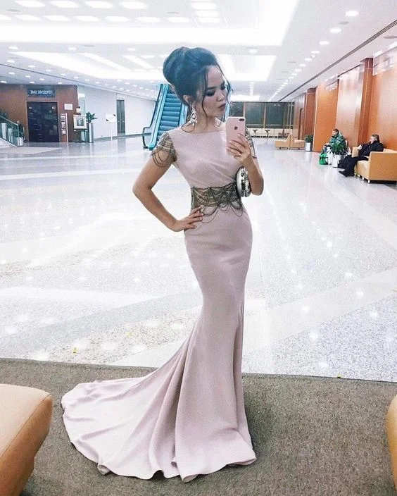 Short-Sleeves Long Formal Dress With Sheer Waist Prom Dress   cg10953