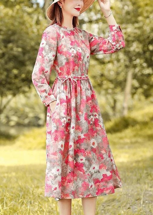 Classy Ruffled drawstring spring quilting dresses Work red print Dresses