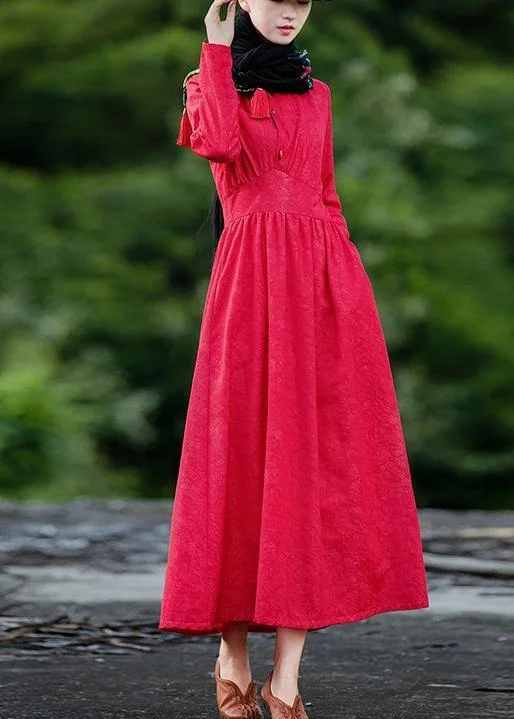 Bohemian red Jacquard clothes For Women lapel patchwork Dresses spring Dresses