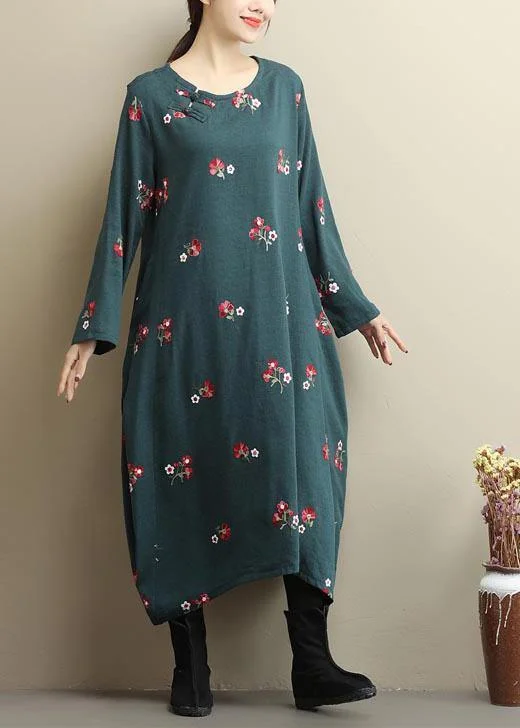 Natural O Neck Asymmetric Spring Clothes Runway Green Embroidery Dress