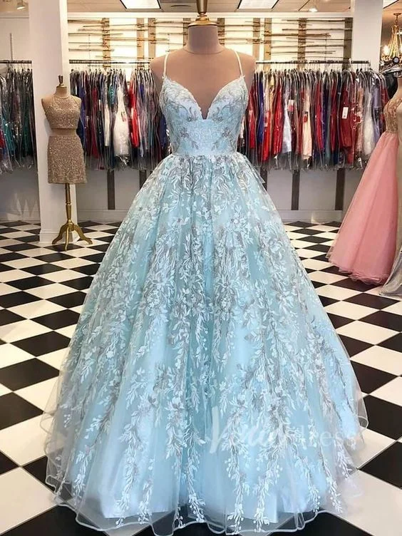 A Line Embroidery Lace Long Prom Dresses with Straps    cg10651