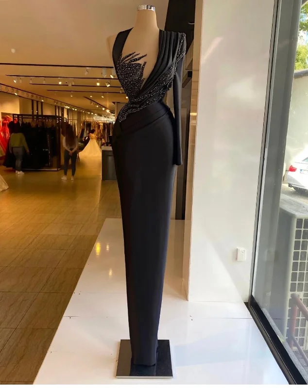 Black Sheath Beading Evening Dresses One Shoulder Long Sleeve Crystal c2594