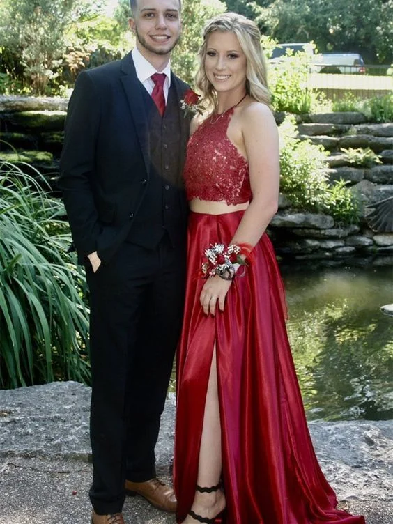A Line Halter Neck 2 Pieces Lace Red Long Prom Dresses with Leg Slit    cg10541