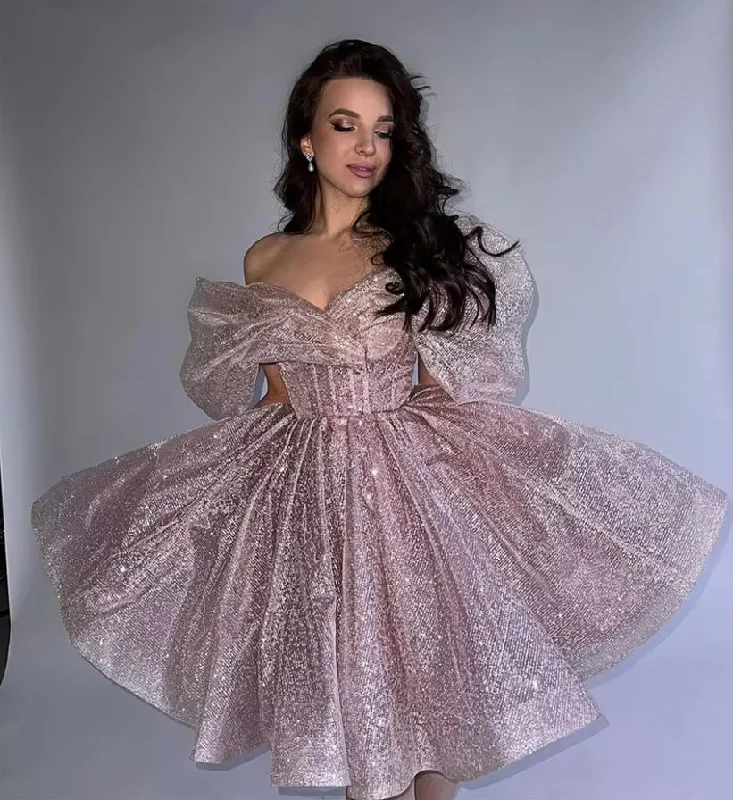 Glitter Tulle Prom Dresses Off The Shoulder Shinny Short Pink Party Sparkly Dress Corset Back Plus Size Evening Gown 2024 Glitter Tulle Prom Dresses Off The Shoulder Shinny Short Pink Party Sparkly Dress Corset Back Plus Size Evening Gown 2024