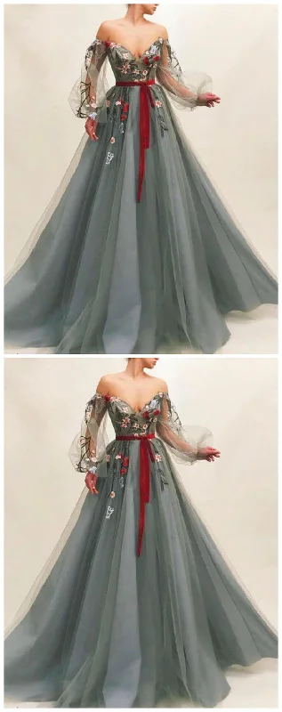Elegant V neck Tulle Long Prom Dress with Appliques, Formal Evening Dress   cg11248
