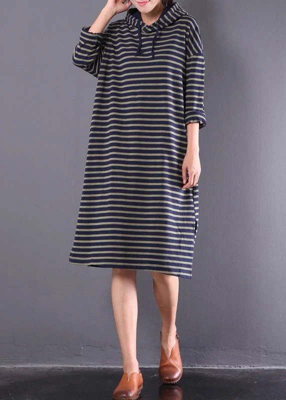 Beautiful blue striped linen clothes For Women hooded drawstring daily spring Dress