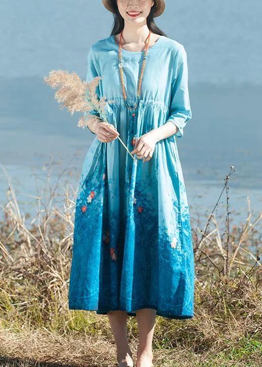 Simple Blue Print Clothes Women O Neck Tie Waist Dresses Spring Dresses
