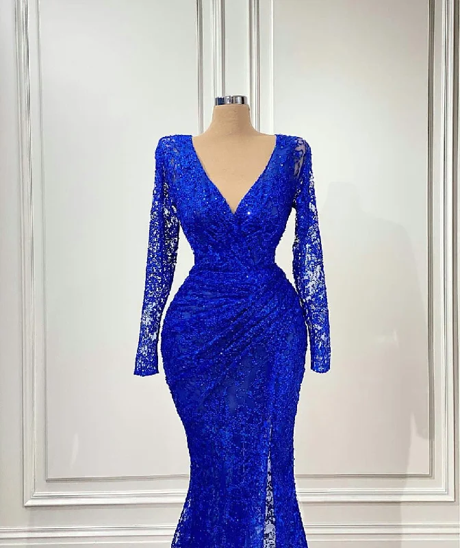 Royal Blue Mermaid Evening Gowns V Neck Long Sleeve Side Split Evening Gowns Red Carpet Illusion Prom Dress c2872 Royal Blue Mermaid Evening Gowns V Neck Long Sleeve Side Split Evening Gowns Red Carpet Illusion Prom Dress c2872