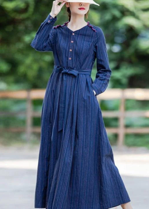 Handmade v neck tie waist spring clothes For Women linen dark blue striped Dresses